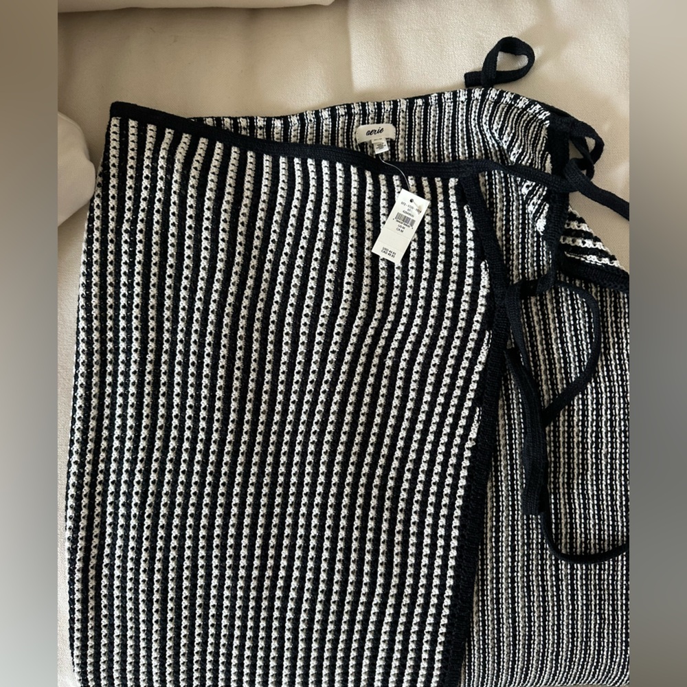 Aerie Black and White Striped crochet beach sarong/cover up